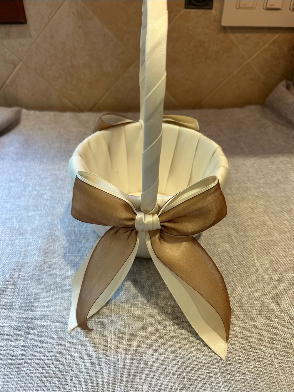 Ivory and Gold Ribbon Flower Girl Basket - Elegant Home Accent